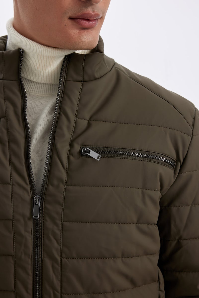 DeFacto Green Man Slim Fit Stand Collar Zip-Up Pocket Faux Leather Jacket Casual - Image 5